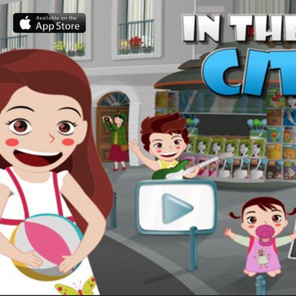 Pantalla de inicio de In the City, uno de los juegos de Clara and Her Sisters, con Clara y sus hermanas en una calle de la ciudad