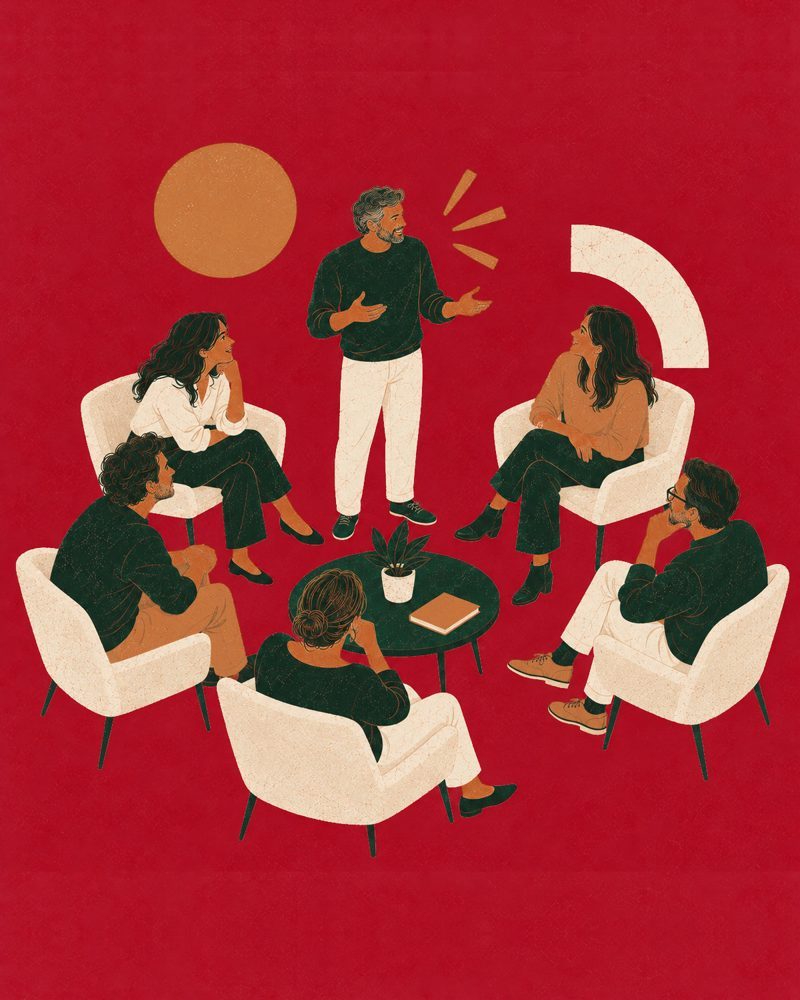 Ilustración de un grupo de managers sentados en círculo mientras un hombre de pie, con barba canosa, les habla y gesticula.
