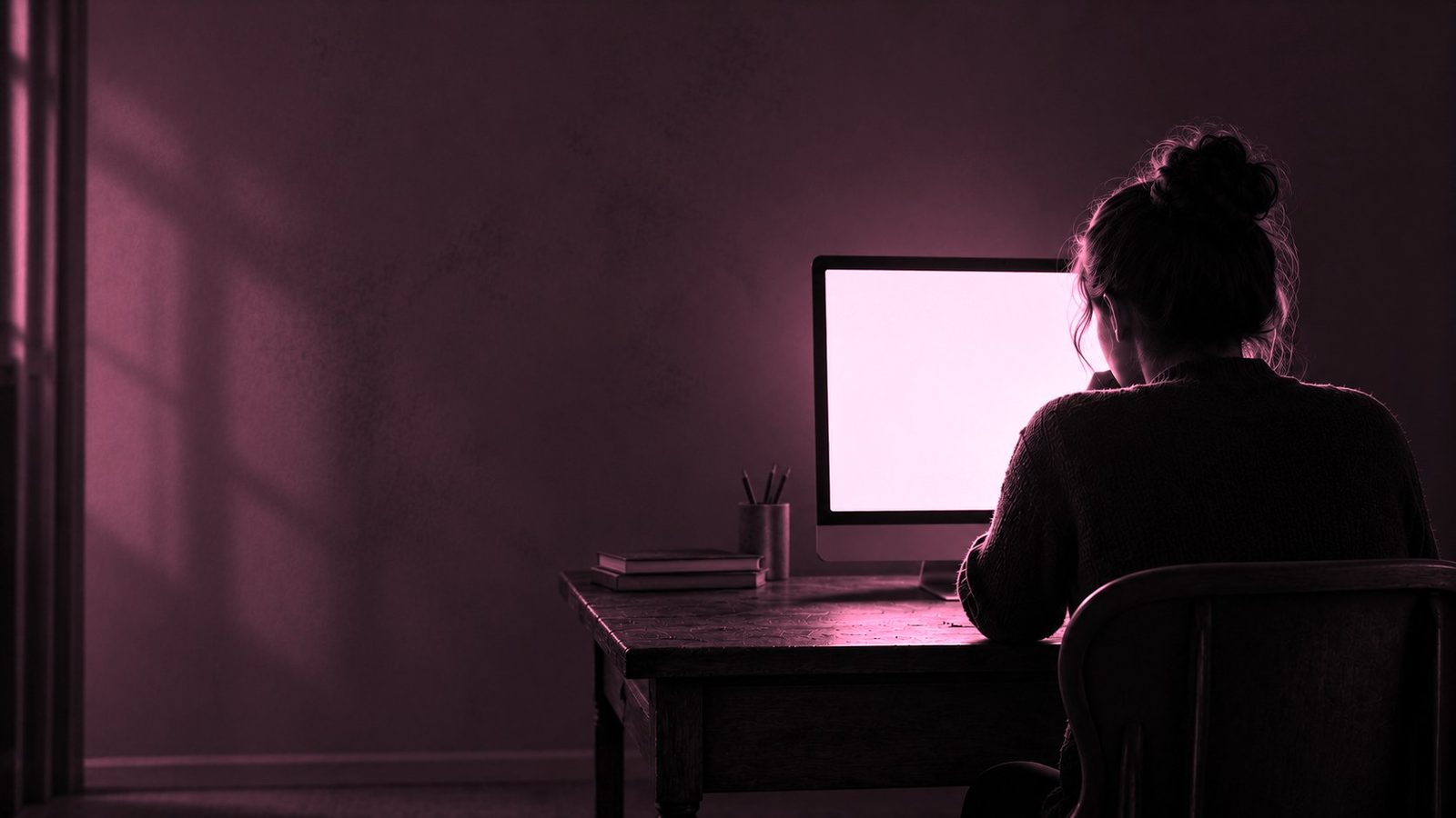 Una mujer de espaldas, con el pelo recogido, frente a la pantalla encendida de un ordenador en una habitación a oscuras, ilustración sobre la ansiedad al esperar resultados y la búsqueda de información.