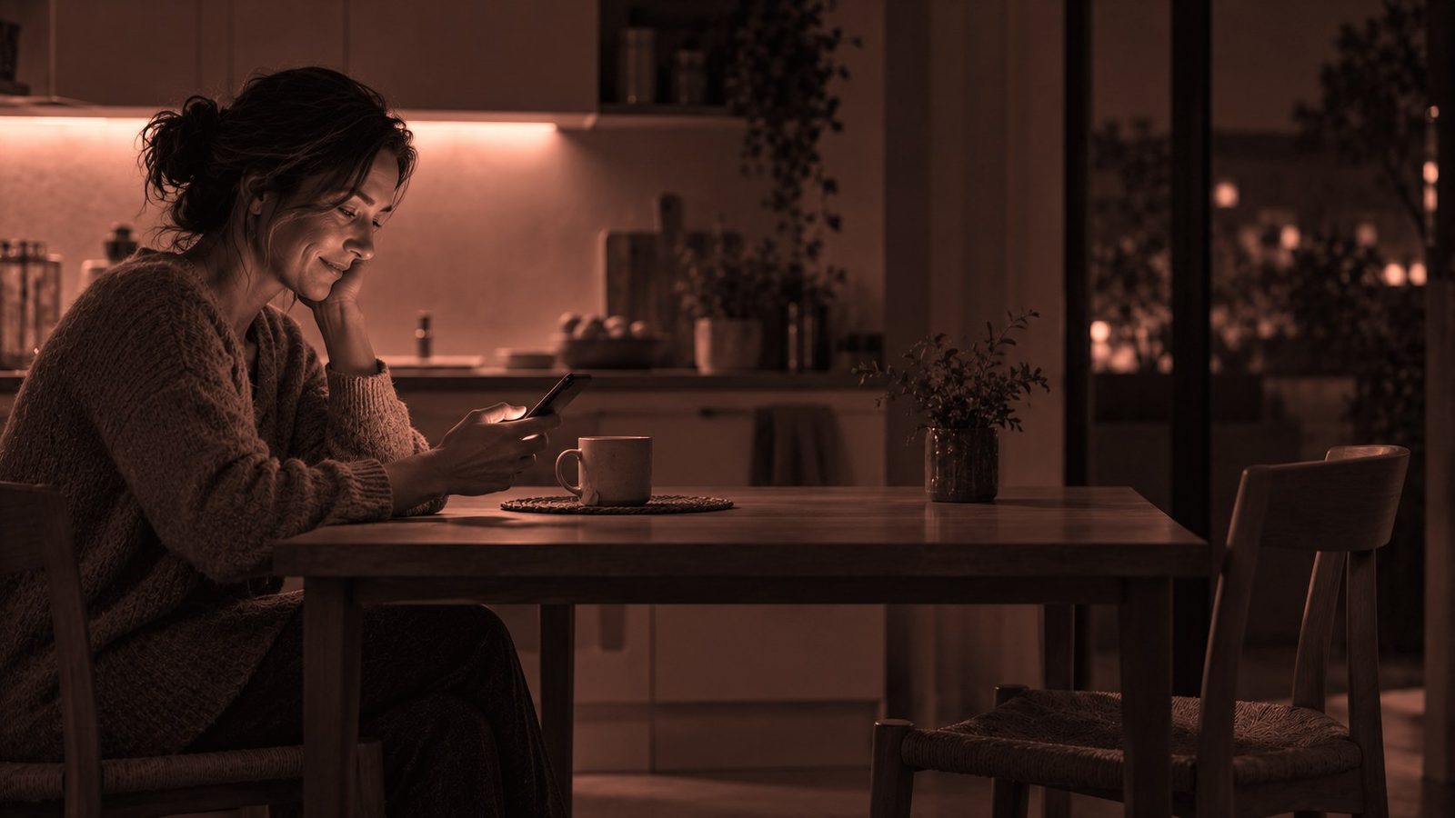 Una mujer de unos cuarenta años sentada sola a la mesa de la cocina por la noche, sonriendo mientras escribe en el teléfono, con una taza al lado y una silla vacía enfrente, en tonos coral, ilustración sobre usar la IA para la soledad.