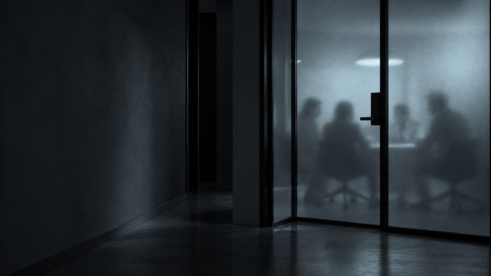 Una sala de reuniones con paredes de cristal esmerilado y varias personas sentadas alrededor de una mesa, que se ven como siluetas borrosas desde un pasillo a oscuras, en tonos gris pizarra, ilustración sobre las mujeres inteligentes en el trabajo y cómo las trata su equipo.