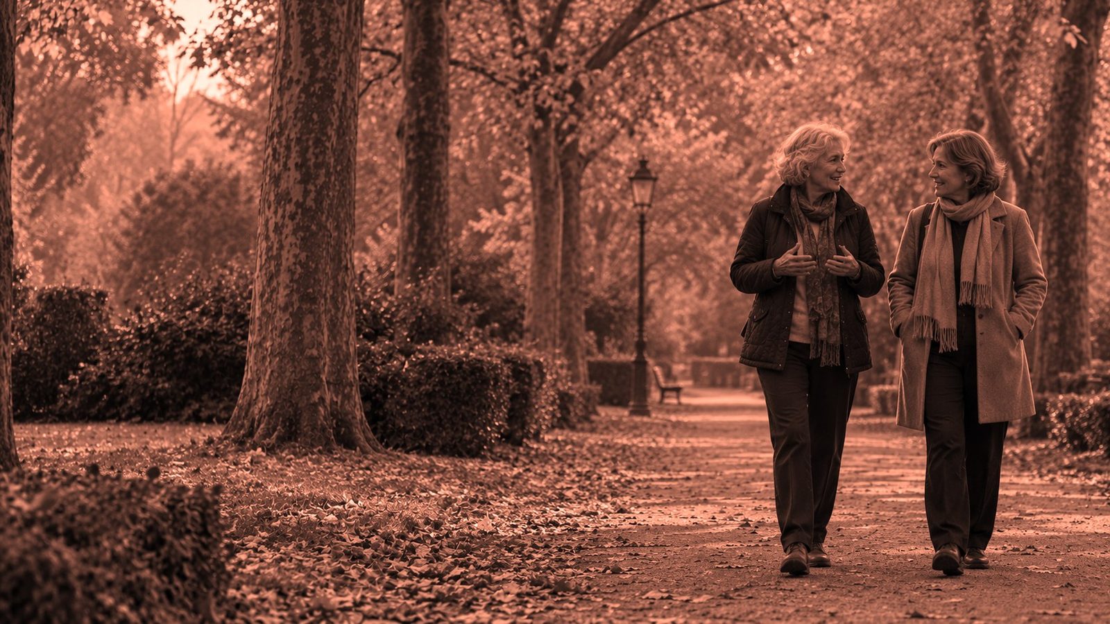 Dos mujeres mayores paseando y charlando por un camino de un parque en otoño, con hojas caídas y una farola al fondo, en tonos coral, ilustración sobre la variedad de actividades y el bienestar según la edad.