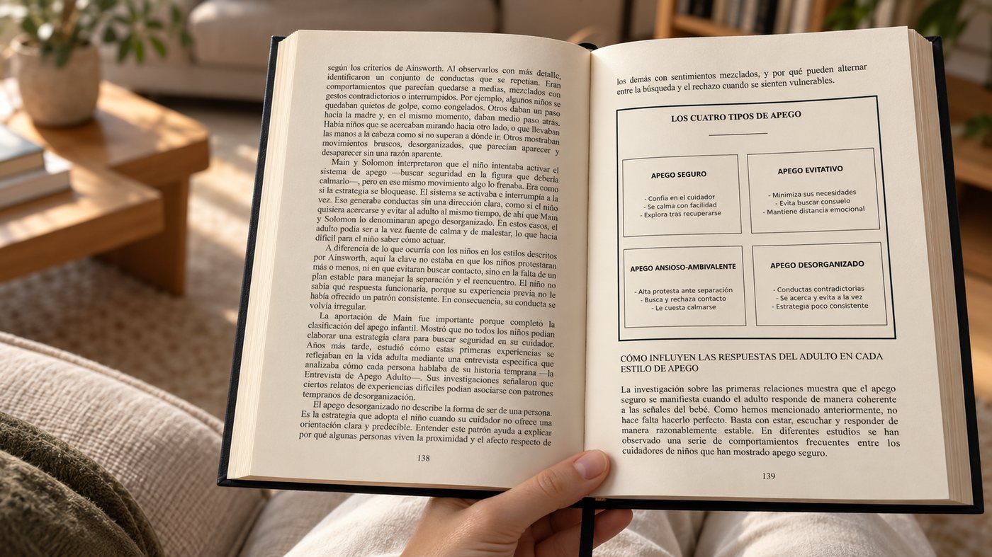 El libro abierto por el capítulo del apego, con la tabla de los cuatro estilos