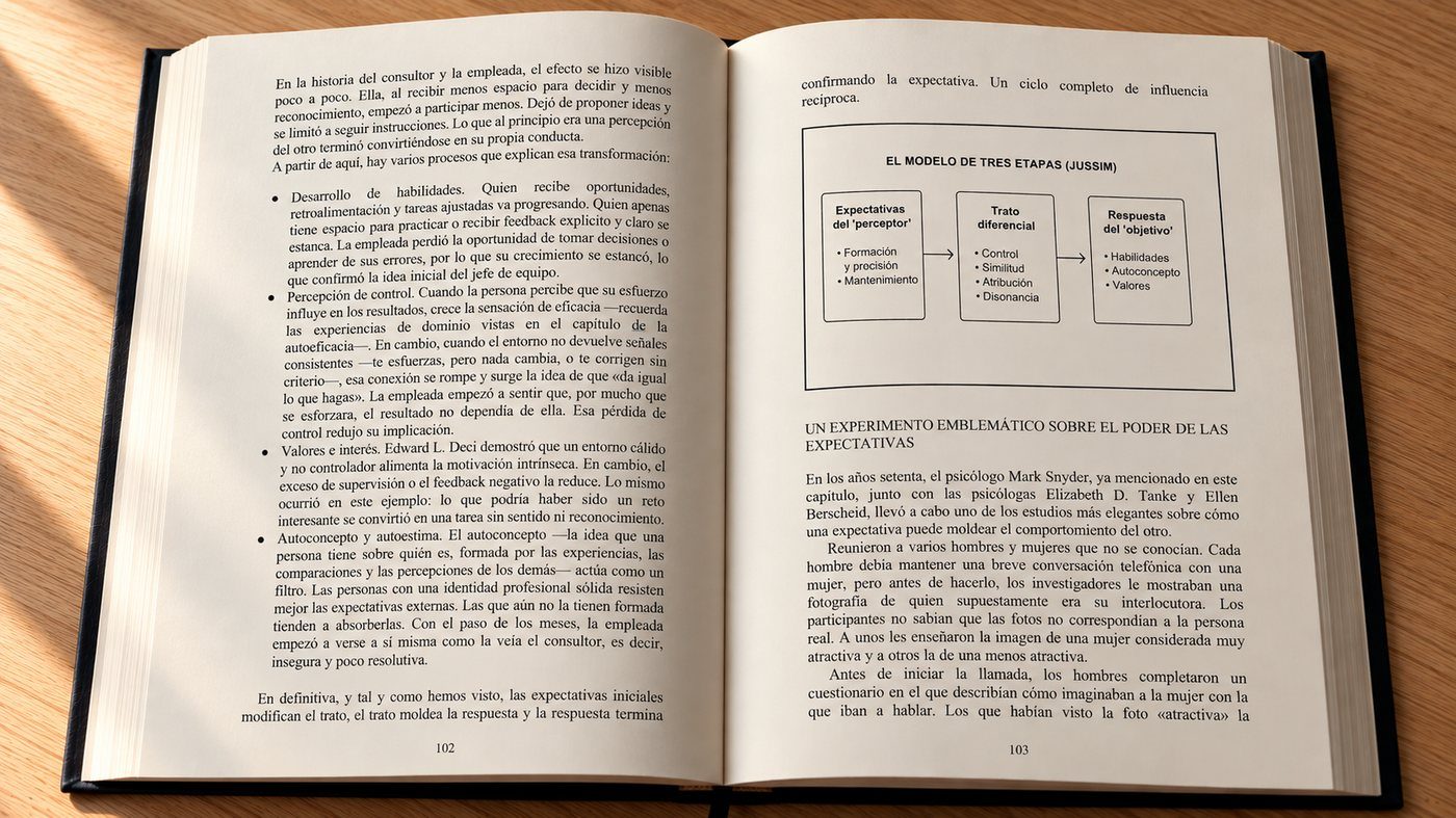 El libro abierto por el capítulo de la profecía autocumplida, con el modelo de tres etapas de Jussim